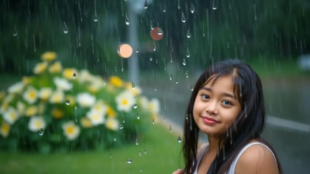 rain with beautiful girl